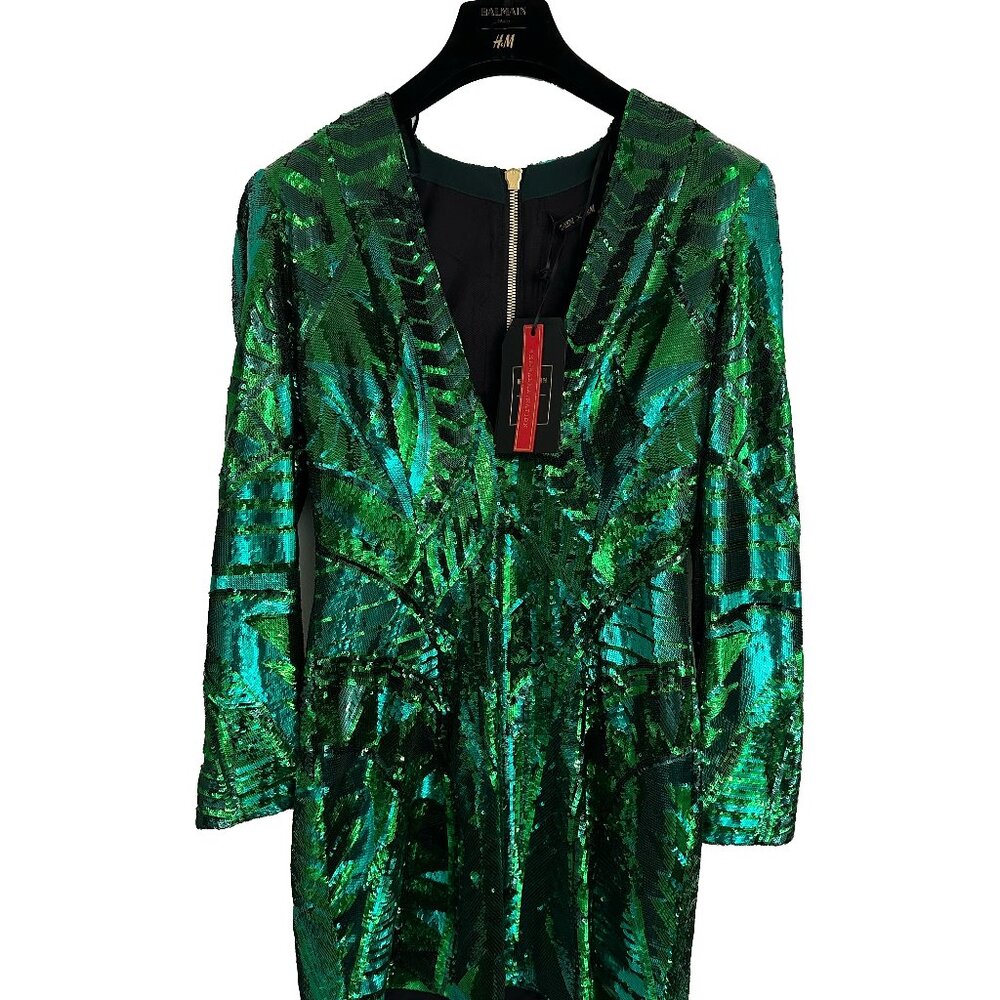 BALMAIN X Giambattista Conscious Exclusive H&M GREEN SEQUINS MINI DRESS SIZE 8